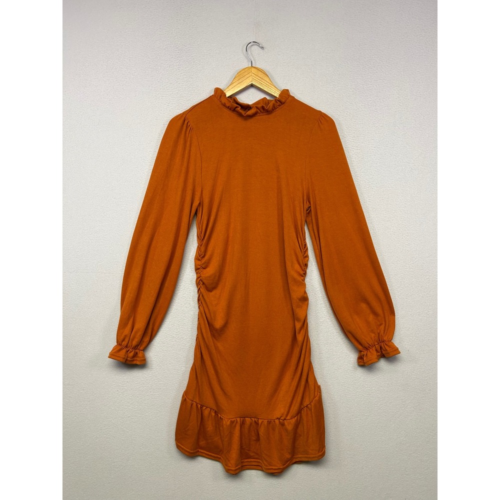 Boho Fall GIGIO USA Women Medium Burnt Orange Ruched Ruffle Mock Neck Mini Dress